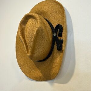 Goorin Brothers Men’s Tan Straw Wide Brim Leather Trim Fedora Hat